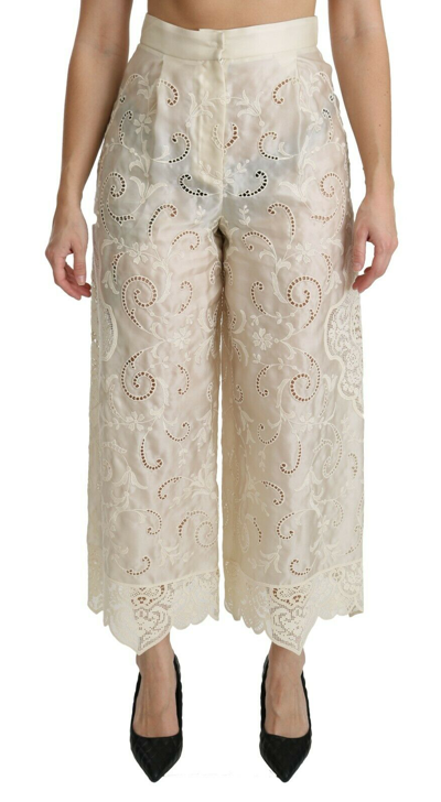 Pre-owned Dolce & Gabbana Pants Cream Lace High Waist Palazzo Cropped It44/us10/l $4000 In White