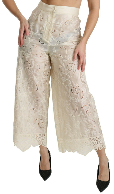 Pre-owned Dolce & Gabbana Pants Cream Lace High Waist Palazzo Cropped It44/us10/l $4000 In White