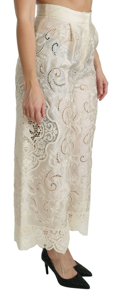 Pre-owned Dolce & Gabbana Pants Cream Lace High Waist Palazzo Cropped It44/us10/l $4000 In White