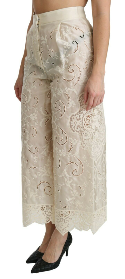 Pre-owned Dolce & Gabbana Pants Cream Lace High Waist Palazzo Cropped It44/us10/l $4000 In White