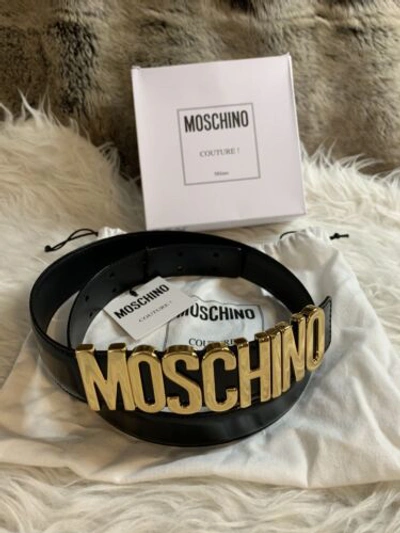 Pre-owned Moschino Authentic  Ladies Black Leather Silver Logo Belt 44