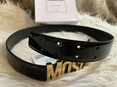 Pre-owned Moschino Authentic  Ladies Black Leather Silver Logo Belt 44