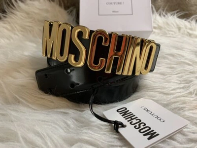 Pre-owned Moschino Authentic  Ladies Black Leather Silver Logo Belt 44