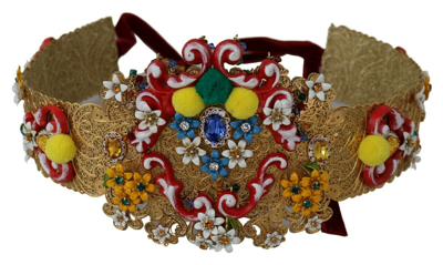 Pre-owned Dolce & Gabbana Belt Embellished Floral Crystal Wide Waist Women It42/m $5500 In Gold