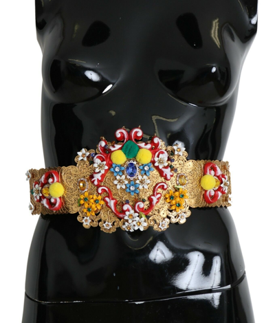 Pre-owned Dolce & Gabbana Belt Embellished Floral Crystal Wide Waist Women It42/m $5500 In Gold