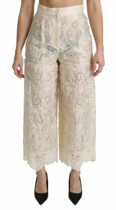 Pre-owned Dolce & Gabbana Dolce&gabbana Women Ivory Pants Silk Lace High Waist Cropped Trousers Sz It 44 M In White