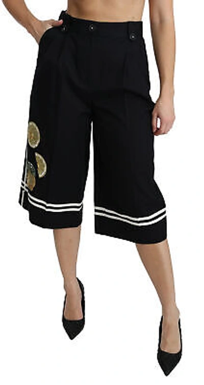 Pre-owned Dolce & Gabbana Pants Black Lemon Embellished Palazzo Cropped It40/ Us6 /s $2100