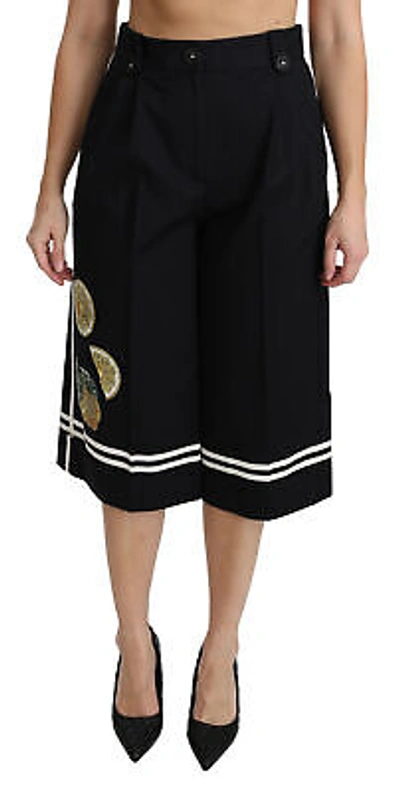 Pre-owned Dolce & Gabbana Pants Black Lemon Embellished Palazzo Cropped It40/ Us6 /s $2100