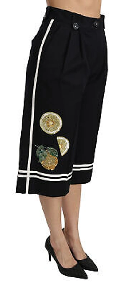 Pre-owned Dolce & Gabbana Pants Black Lemon Embellished Palazzo Cropped It40/ Us6 /s $2100