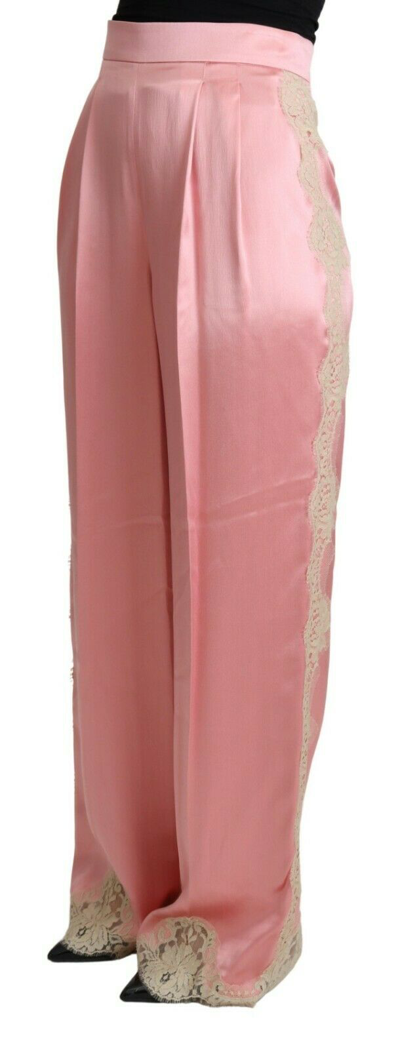 Pre-owned Dolce & Gabbana Pants Pink Lace Trimmed Silk Satin Wide Legs It42/us8/m $2300