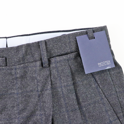 Pre-owned Incotex Gray Blue Plaid Super 100's Wool Pleated Dress Pants 50 34