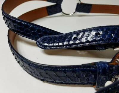 Pre-owned Ralph Lauren Italian Made Navy Blue Python Skin Tri Strap Lass / Stirup Belt
