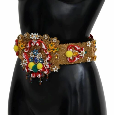 Pre-owned Dolce & Gabbana Dolce&gabbana Women Beige Waist Belt Nylon Wool Floral Crystal Wide Strap It 42