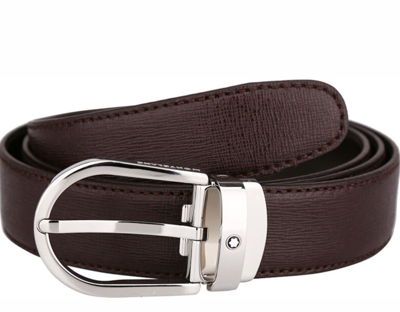 Pre-owned Montblanc 112932 Brown Leather Belt Grained Effect Silver Metal Buckle