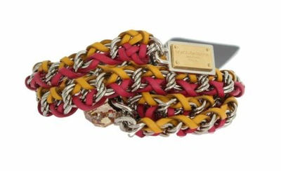 Pre-owned Dolce & Gabbana Dolce&gabbana Women Red Yellow Leather Crystal Belt Fashion Strap