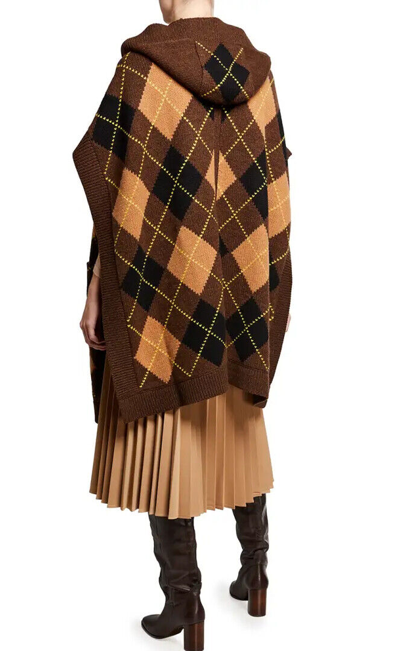 Pre-owned Burberry Womens  London Carla Argyle Wool Cashmere Intarsia-knit Hooded Cape In Brown