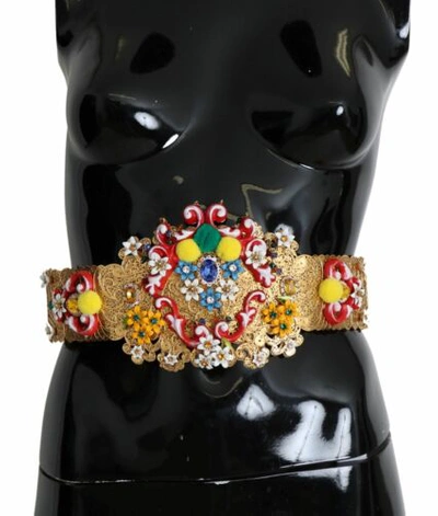 Pre-owned Dolce & Gabbana Dolce&gabbana Women Gold Waist Belt Nylon Crystal Embellished Wide Strap It 42 In Multicolor