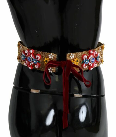 Pre-owned Dolce & Gabbana Dolce&gabbana Women Gold Waist Belt Nylon Crystal Embellished Wide Strap It 42 In Multicolor