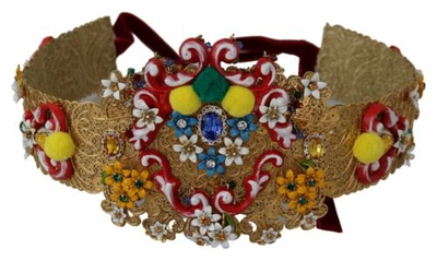 Pre-owned Dolce & Gabbana Dolce&gabbana Women Gold Waist Belt Nylon Crystal Embellished Wide Strap It 42 In Multicolor