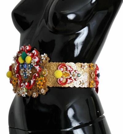Pre-owned Dolce & Gabbana Dolce&gabbana Women Gold Waist Belt Nylon Crystal Embellished Wide Strap It 42 In Multicolor