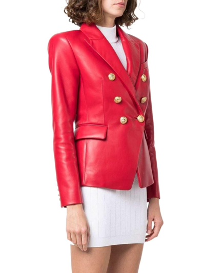 Shop Balmain Women's Red Leather Blazer