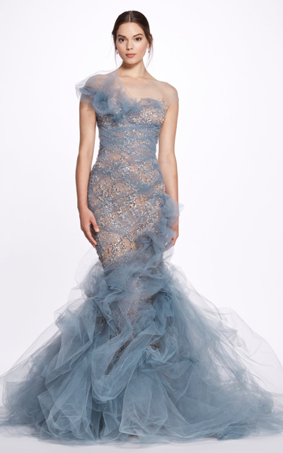 Shop Marchesa Tulle Gown In Blue