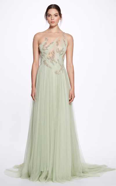 Shop Marchesa Women's Embroidered-bodice Tulle Gown In Green