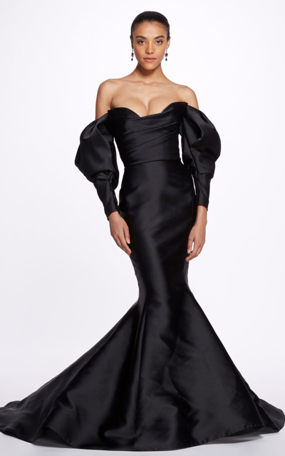 Shop Marchesa Women's Sleeve-detailed Off-the-shoulder Gown In Black