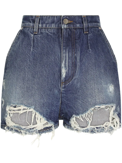 Shop Dolce & Gabbana Distressed High-rise Denim Shorts In Blue