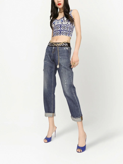 Shop Dolce & Gabbana Logo-waistband Slim-cut Jeans In Blue