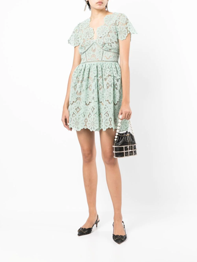 Shop Self-portrait Lace-panelled Flared Mini Dress In Green