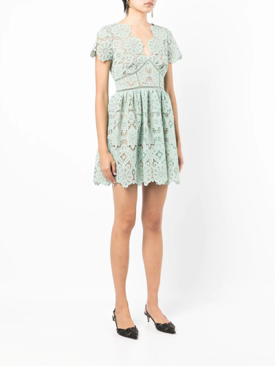 Shop Self-portrait Lace-panelled Flared Mini Dress In Green