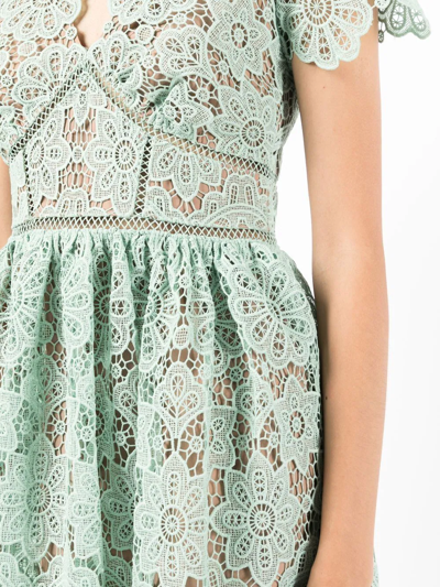 Shop Self-portrait Lace-panelled Flared Mini Dress In Green