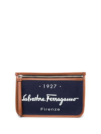 Shop Ferragamo Logo Print Clutch In Blue