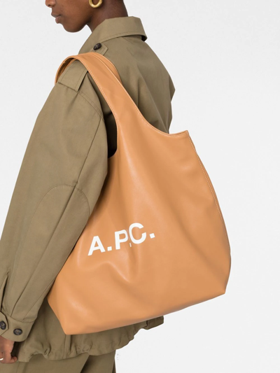 Shop Apc Logo-print Leather Tote Bag In Brown