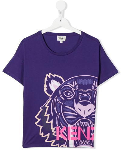 Kenzo Kids' Tiger Head-print Short-sleeved T-shirt In Purple | ModeSens