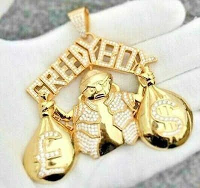Pre owned 3 Ct White Simulated Diamond Greedy Boy Bag Silver Men Pendant Yellow Gold Fn