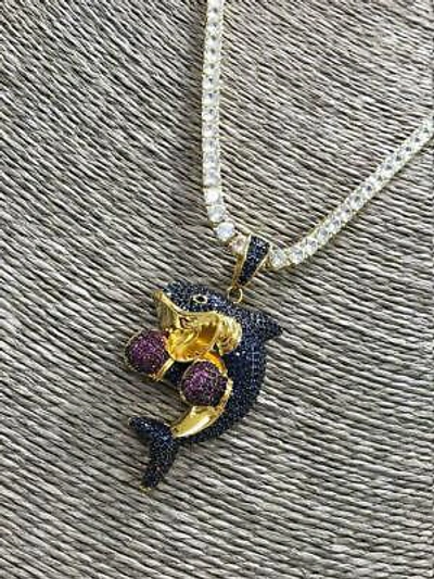 Pre-owned Online0369 1.65 Ct Round Multi Colour Sapphire Men's Boxing Shark Pendant 14k Yellow Gold Fn