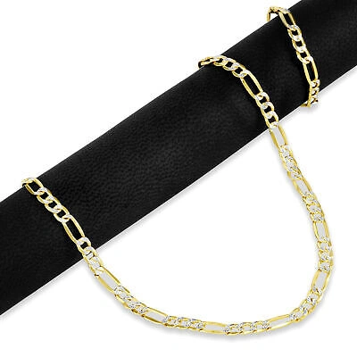 Pre-owned Nuragold 10k Yellow Gold Mens Solid 5mm Diamond Cut White Pave Figaro Chain Necklace 28"