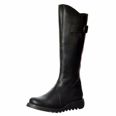 Pre-owned Fly London Womens  Mol 2 Knee High Leather Winter Boot Low Wedge Black Purple 3-8