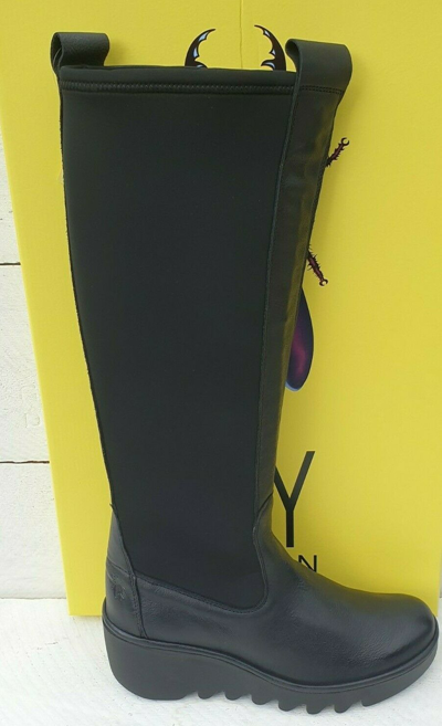Pre-owned Fly London Ladies  Blye 332 Verona Black Leather & Elastane Wedge Pull On Boots