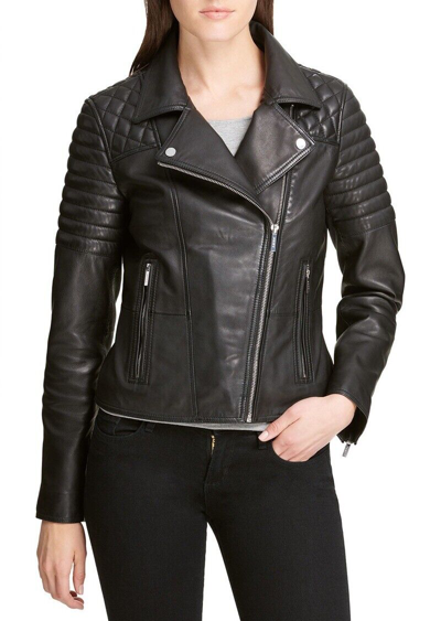 Pre-owned Dkny Genuine Leather Black Biker Moto Jacket Quilted Shoulder Uk10 &14 Was £360