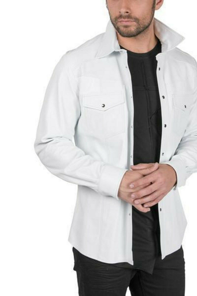 Pre-owned Motero Men's Whitee Sheepskin Leather Shirt Fashion Biker Full Sleeve Casual Shirt