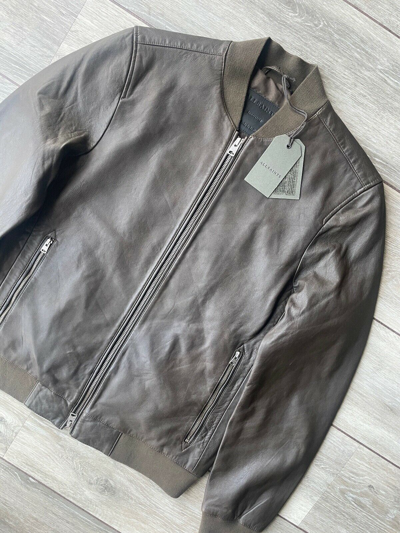 Pre-owned Allsaints All Saints Men's Khaki "niko" Leather Bomber Jacket Coat - S & M - Tags
