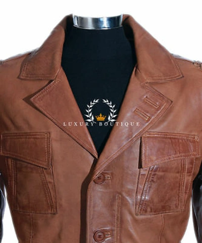 Pre-owned L.b Freddie Tan Men's Safari Smart Real Waxed Lambskin Leather Blazer Jacket