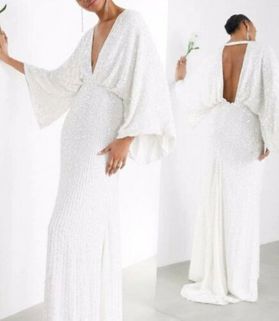 Pre-owned Asos Design Asos Edition Ciara Wedding White Sequin Kimono Boho Wedding Dress 10