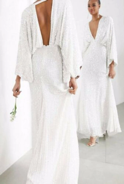 Pre-owned Asos Design Asos Edition Ciara Wedding White Sequin Kimono Boho Wedding Dress 10