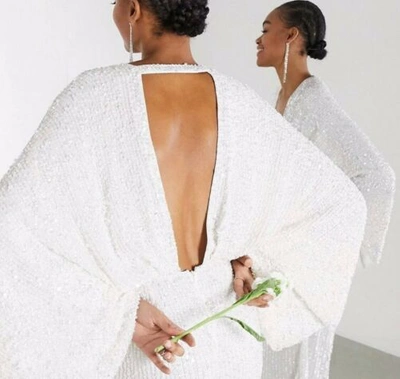 Pre-owned Asos Design Asos Edition Ciara Wedding White Sequin Kimono Boho Wedding Dress 10