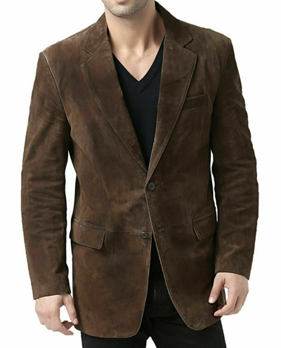 Pre-owned Leather Right Men's Brown Suede Blazer Jacket