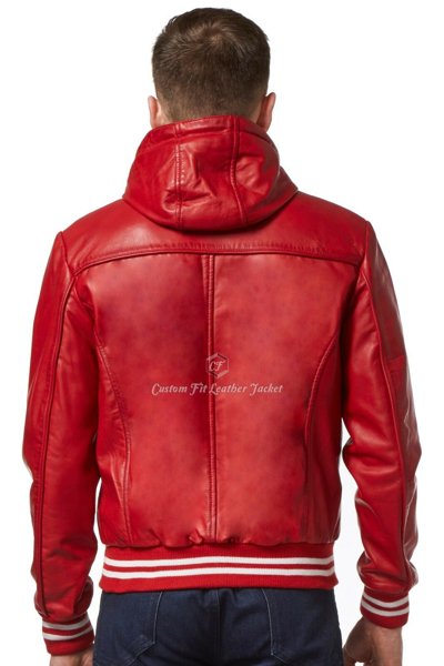 Pre-owned Smart Range Men's Leather Jacket Red Hooded 100% Real Napa Smart Fitted Stylish Jacket 4486